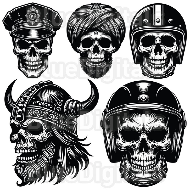 May include: Five black and white illustrations of skulls wearing different headwear. The skulls are wearing a police hat, a turban, a motorcycle helmet, a viking helmet, and a helmet with a visor.