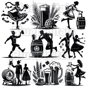 Puede incluir: Ilustraciones en blanco y negro con temas de Oktoberfest. Las im&aacute;genes incluyen personas con trajes tradicionales, jarras de cerveza, barriles de cerveza, trigo y l&uacute;pulo. Tambi&eacute;n se representan figuras bailando y vasos de cerveza.