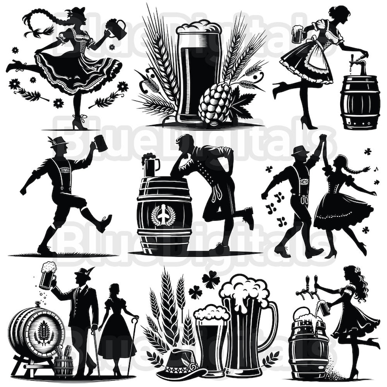 Puede incluir: Ilustraciones en blanco y negro con temas de Oktoberfest. Las im&aacute;genes incluyen personas con trajes tradicionales, jarras de cerveza, barriles de cerveza, trigo y l&uacute;pulo. Tambi&eacute;n se representan figuras bailando y vasos de cerveza.