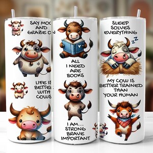 Funny Cows and Slogans PNG for 20oz Tumbler Wrap, Cute Watercolor Cows, Sublimation Png Design for 20 oz Tumbler, Commercial Use
