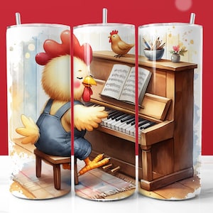 Envoltura para vaso de 20 oz con diseño de pollo divertido tocando el piano, envoltura delgada para vaso con sublimación PNG de pollo con dibujos de acuarela, uso comercial