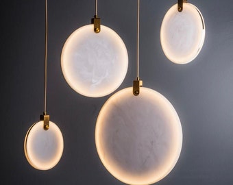 Marble Round Brass Pendant Lamp, Handmade LED Light Chandelier, Housewarming Gift Art Deco Hanging Lighting MODEL : ASPENDOS