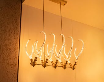 Brass Dining Table Chandelier: Horn Shaped Bulb, Mid Century Pendant Light
