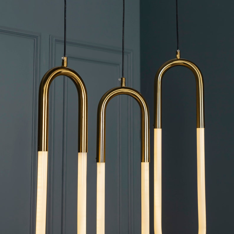 Three Color Led Lighting, Opal Plexiglass Brushed Brass Pendant Light, Art Deco Handmade Ceiling Lamp Model: DARA image 3