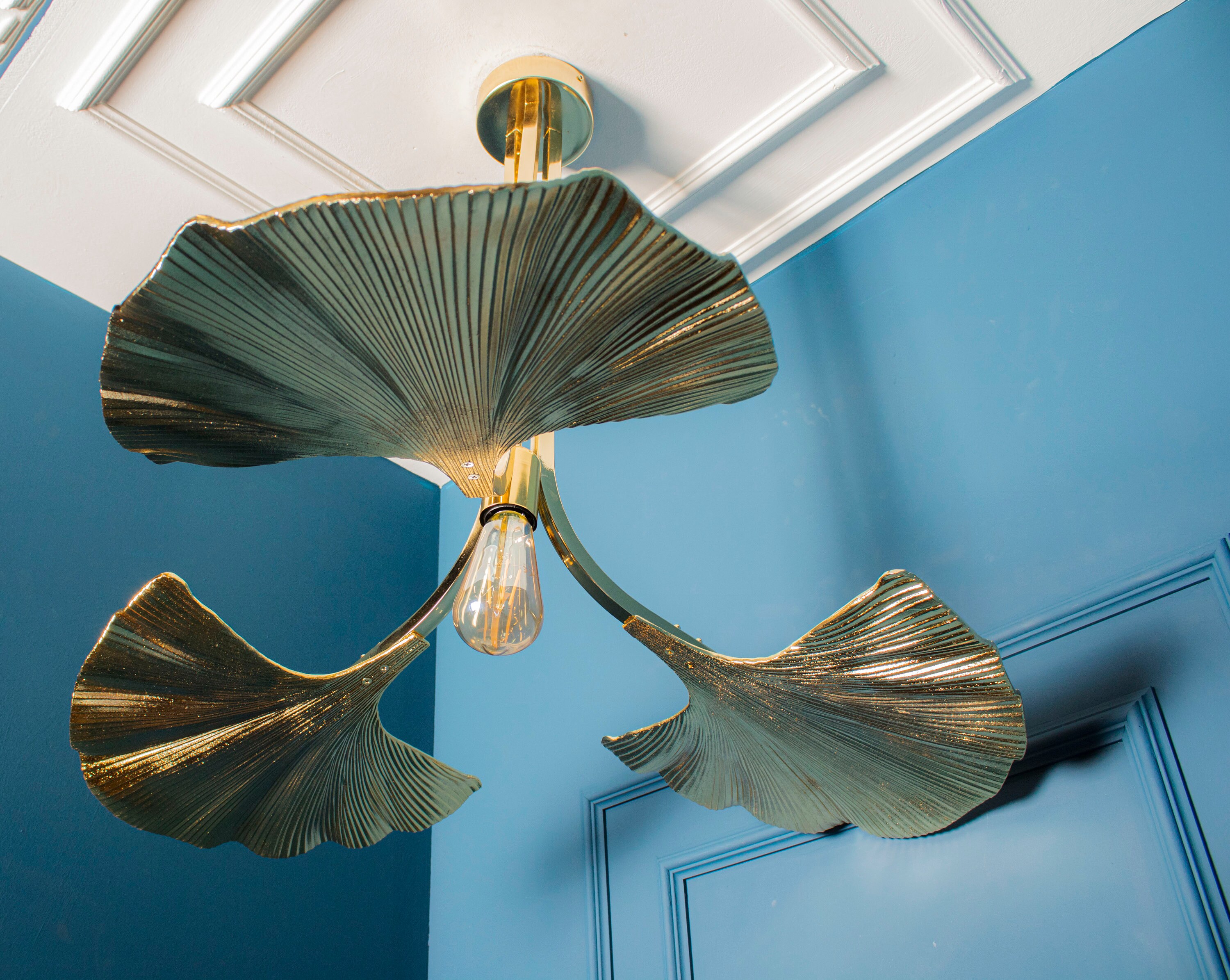 Mid Century Ginkgo Leaf Ceiling Lamp Handmade Gold Living Etsy UK