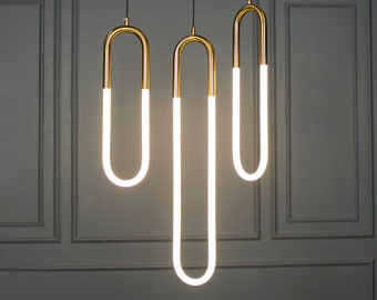 Three Color Led Lighting, Opal Plexiglass Brushed Brass Pendant Light, Art Deco Handmade Ceiling Lamp Model: DARA