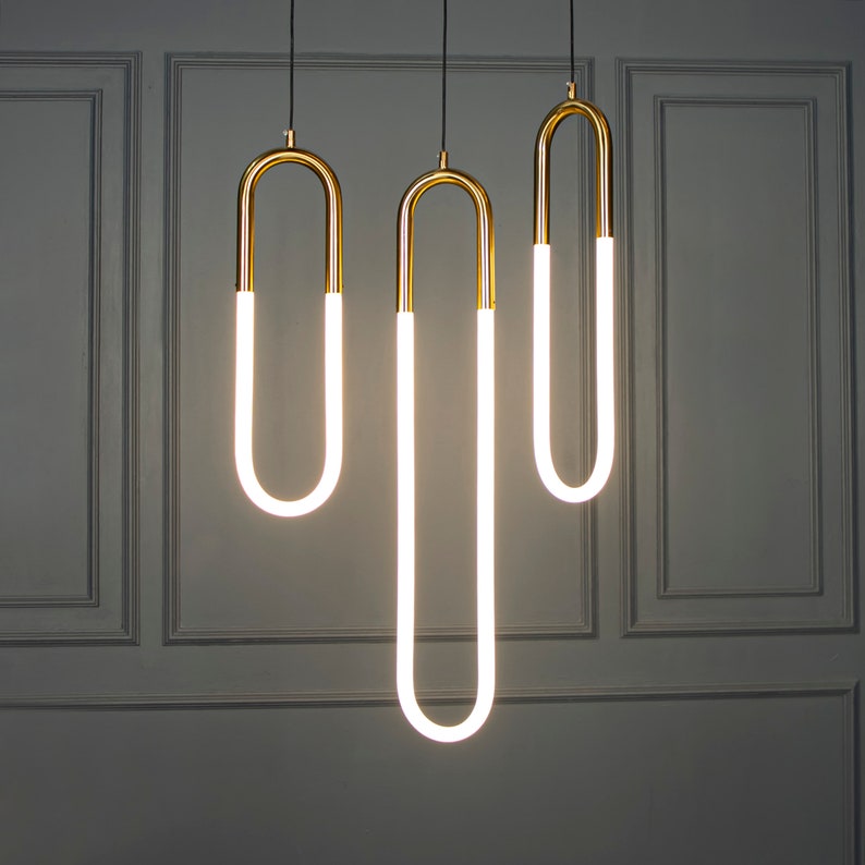 Three Color Led Lighting, Opal Plexiglass Brushed Brass Pendant Light, Art Deco Handmade Ceiling Lamp Model: DARA image 1