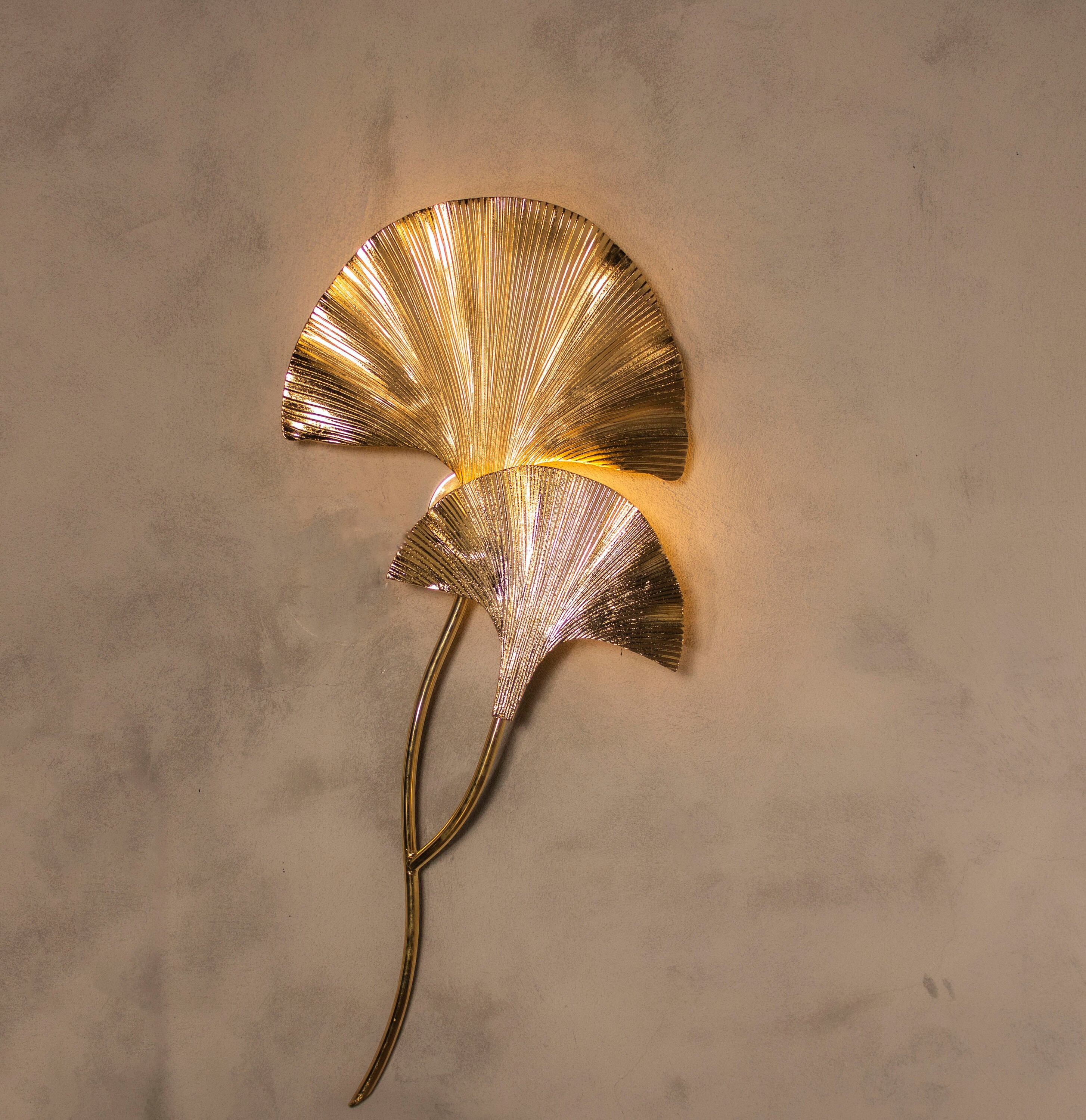 Handmade Ginkgo Double Leaf Sconce Lighting Mid Century Gold Wall