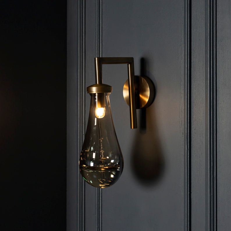 Amber / Smoky Glass Sconce, Drop Brass / Chrome Wall Lighting, Modern Home Decor, Art Deco LED Light, Housewarming gift Lamp, MODEL :BENIN image 1