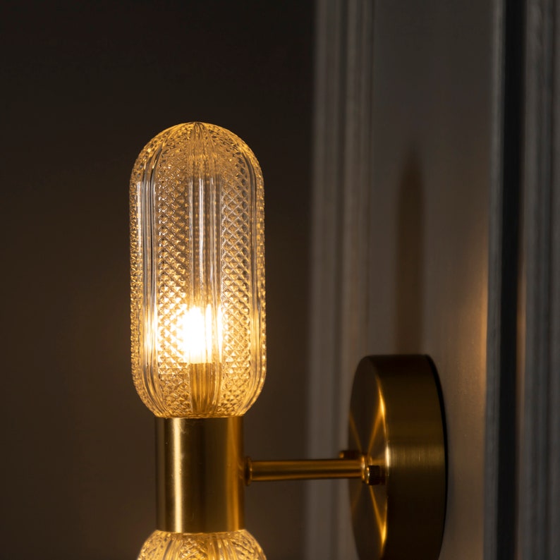 Crystal Glass Wall Lamp, Art Deco Wall Light, Handmade Bathroom Vanity Brass Sconce, Modern Home Decor Lighting, Bedroom Light MODEL: OTTAVA image 5