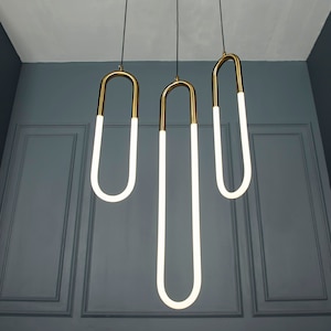 Three Color Led Lighting, Opal Plexiglass Brushed Brass Pendant Light, Art Deco Handmade Ceiling Lamp Model: DARA image 2