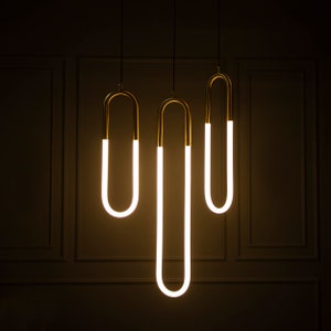 Three Color Led Lighting, Opal Plexiglass Brushed Brass Pendant Light, Art Deco Handmade Ceiling Lamp Model: DARA image 8