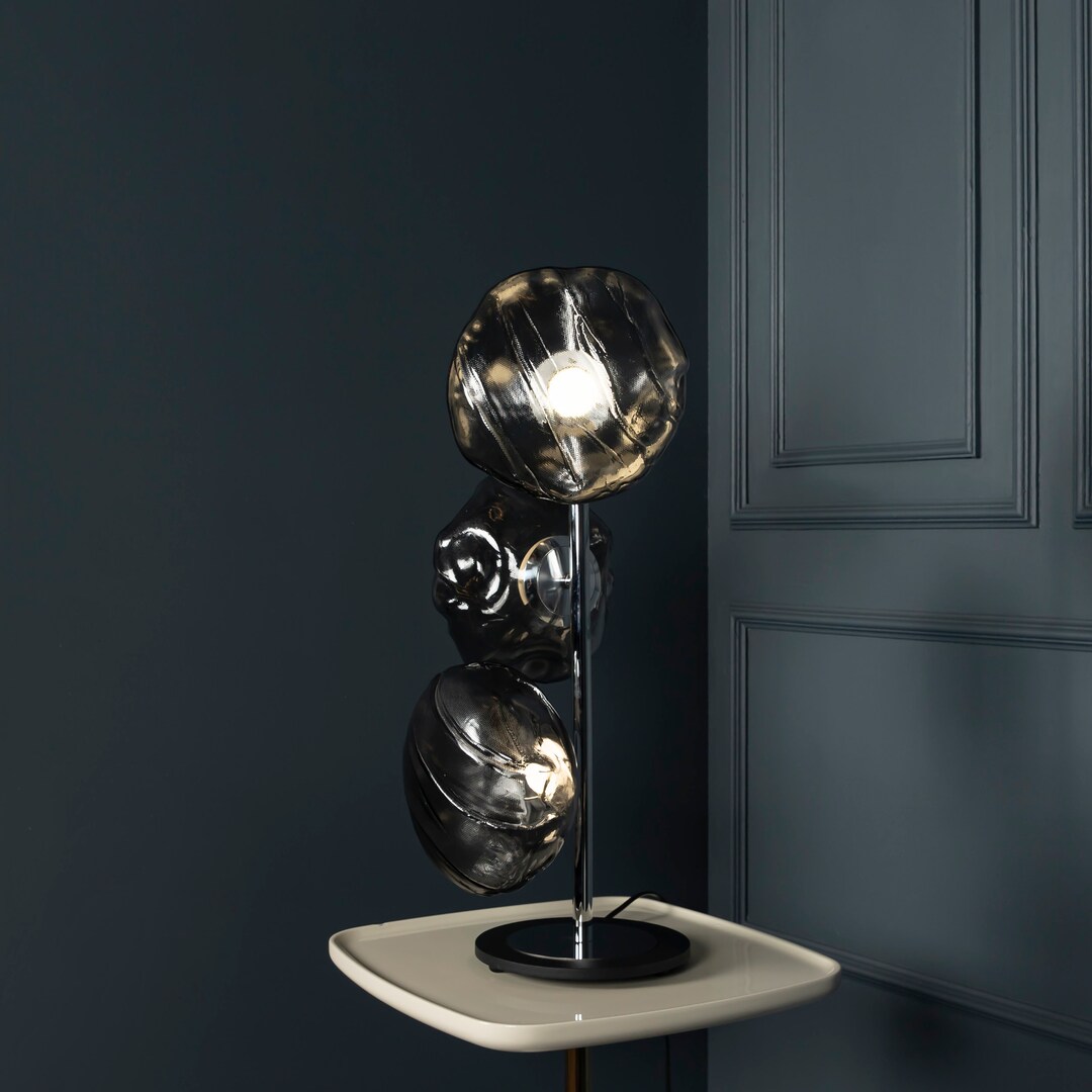 Three Smoky & Amber Glasses Table Lamp, Art Deco Handmade Chrome