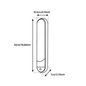 May include: A vertical, elongated, rounded rectangular wall light fixture with a small circular sensor at the bottom. The dimensions are 19.68 inches in height, 4.13 inches in width, and 2.75 inches in depth, as indicated by the technical diagram.