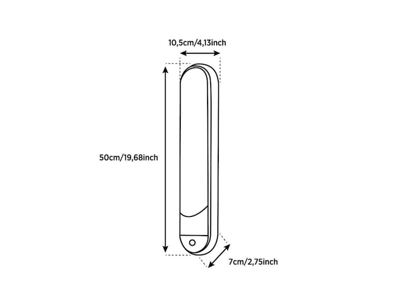 May include: A vertical, elongated, rounded rectangular wall light fixture with a small circular sensor at the bottom. The dimensions are 19.68 inches in height, 4.13 inches in width, and 2.75 inches in depth, as indicated by the technical diagram.