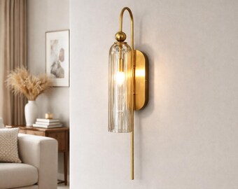 Brushed Brass Glass Tube Wall Sconce: Modern Bedside Light, Handmade
