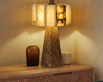 Luxury Travertine Desk Lamp: Abha Model Modern Stone Nightstand Light