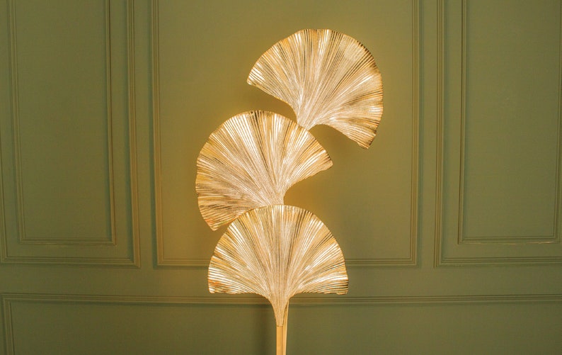 Lampadaire à triple feuille Ginkgo, lampe en or Art déco faite à la main, éclairage de sol de décoration dart de décoration intérieure, éclairage de sol du milieu du siècle MODÈLE : ASTARA image 7