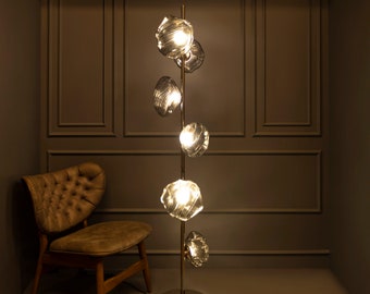 Lampa podłogowa ze szkła dymnego i bursztynowego, oświetlenie podłogowe z chromu lub mosiądzu, oświetlenie LED w stylu Art Deco w nowoczesnym domu, lampa prezentowa na parapetówkę MODEL: HOBART