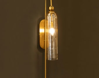 Glass Tube Wall Mounted Lamp, Modern Bedside Light Shade, Handmade Vanity Sconce, Luxury Brass Wall Lighting, MODEL: ARAS