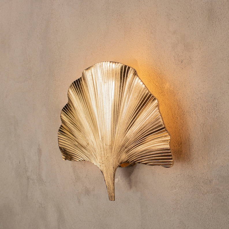 Art Deco Lamp Wall Hanging, Handmade Ginkgo Leaf Gold Wall Sconce