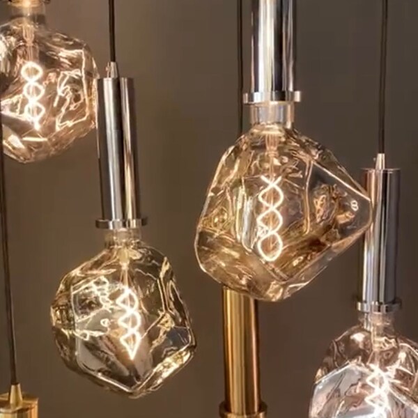 Modern Irregular Chandelier Pendant Lighting, Smoky Silver & Amber Blown Glass Dimmable Lamp