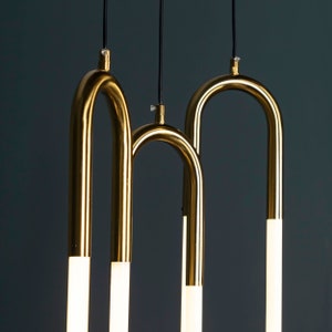 Three Color Led Lighting, Opal Plexiglass Brushed Brass Pendant Light, Art Deco Handmade Ceiling Lamp Model: DARA image 6