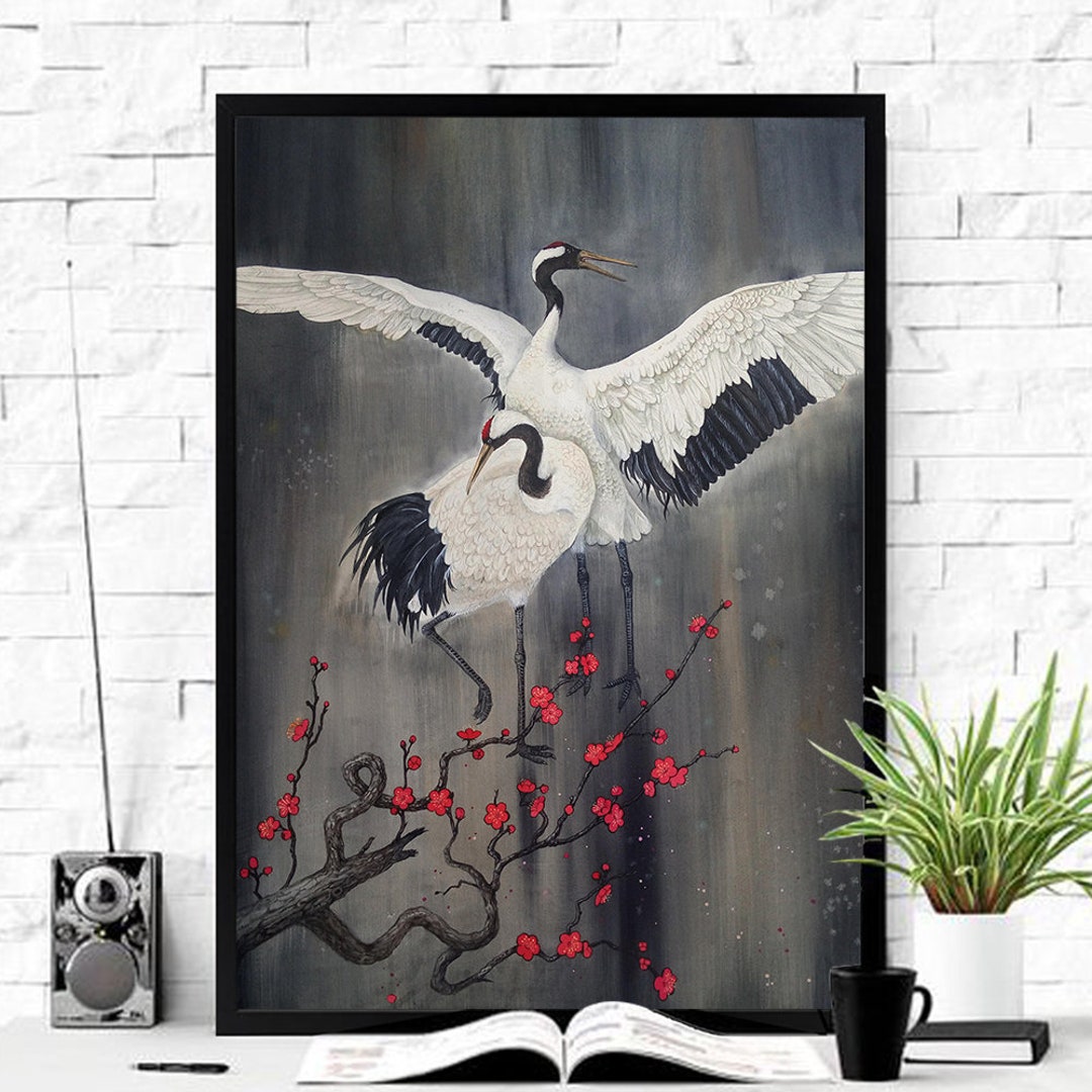 Japanese Crane Wall Art, Crane Poster, Botanical Print, Japanese Wall