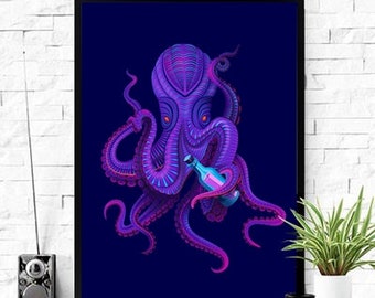 Octopus Poster, Nautical Wall Art, Vaporwave poster, retrowave poster,cyberpunk neon poster, Octopus Print, Bathroom Decor, Colorful Artwork