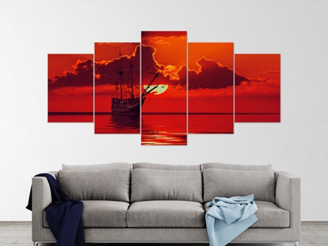 5 Piece Red Sunset Scenery Canvas Wall Art Sea Wave Sun Ship Etsy