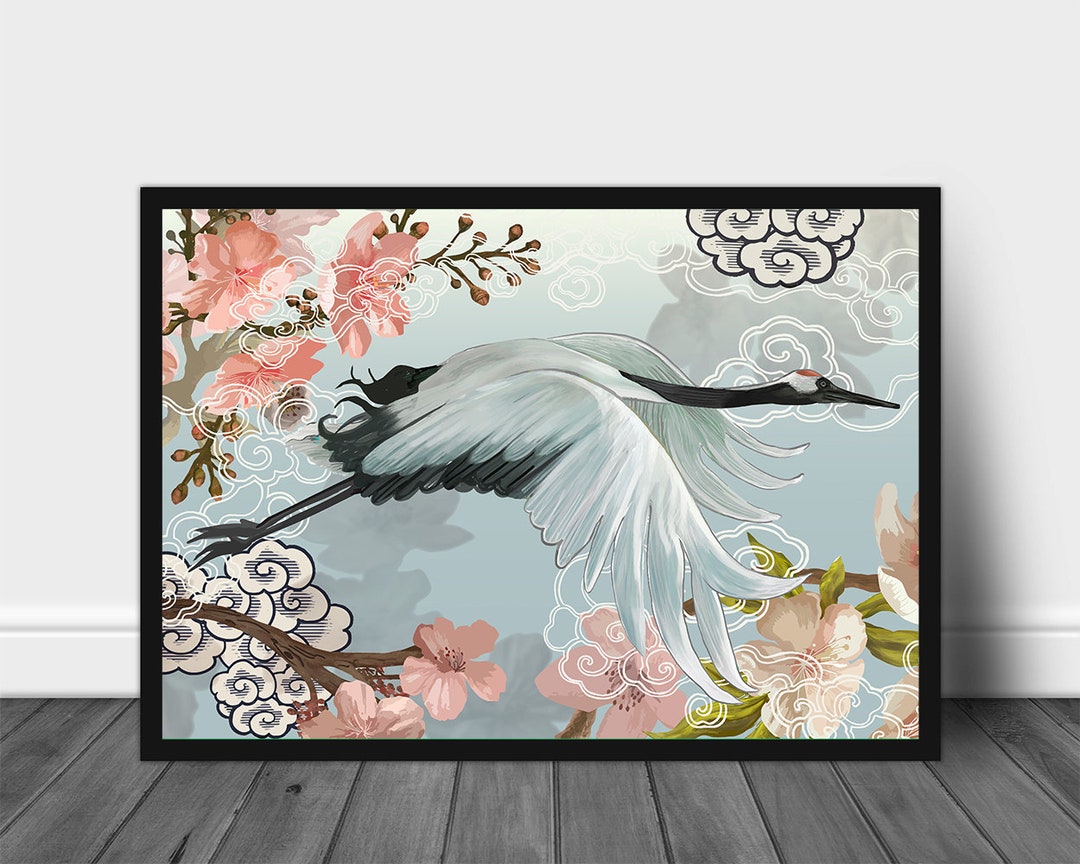 Japanese Crane Wall Art, Crane Poster, Botanical Print, Japanese Wall