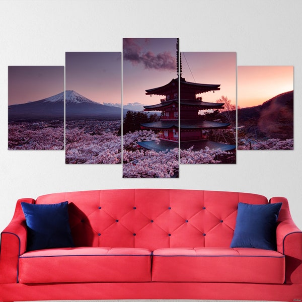 Japanese Temple 5 Piece Canvas Wall Art | Sakura Wall Art | Plant Print, Pink Scenery Canvas, Cherry Blossom , Fantasy Art, Christmas Gift
