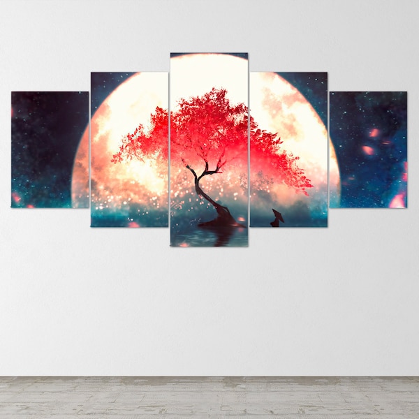 Anime Cherry Blossom Canvas, 5 pezzi Anime Night Scenery Canvas, 5 Panel Moon Poster, Sakura Poster, Nature Wall Print, Christmas Gift