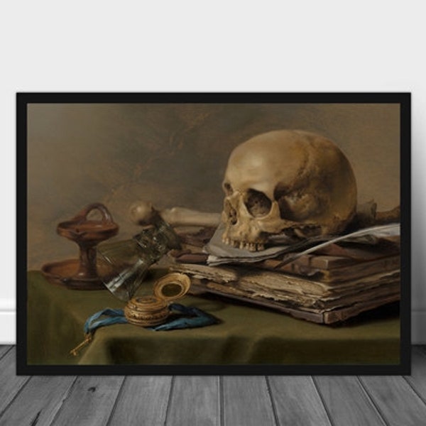 Pieter Claesz Vanitas Still Life Painting Wall Art , Nature Snow Print, Hallway Living room Decor Skull Poster Oil on Canvas Wall Print