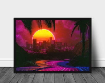 Vaporwave Poster, Retrowave Poster, Vaporwave Wall Art, Retro Scenery Poster, Cyberpunk Illustration Art, Synthwave Poster, Christmas Gift