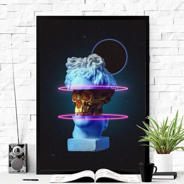 Vaporwave Poster, Skull Art, Retrowave Poster, Vaporwave Wall Art, Sculpture Wall Art, Cyberpunk Illustration Art, Pop Art Artwork Poster