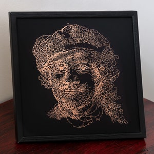 Rembrandt cobre negro impresión en marco de madera negro, tipo 3, autorretrato tipográfico, cobre / oro rosa metalizado impresión de papel de aluminio 3D, tipografía