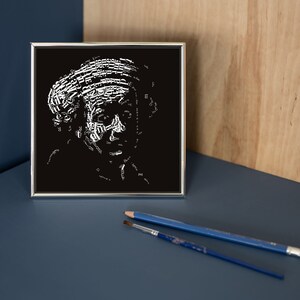 Impresión de Rembrandt en marco plateado, retrato tipográfico, blanco y negro, autorretrato como el apóstol Pablo