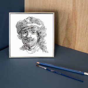 Impresión de Rembrandt en marco plateado, retrato tipográfico, blanco y negro, autorretrato