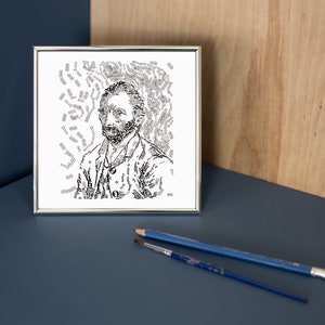 Vincent van Gogh Impresión en marco plateado, retrato tipográfico, blanco y negro, autorretrato
