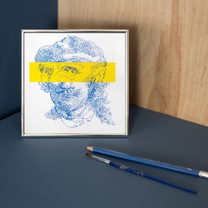 Rembrandt & Vincent van Gogh Impresión en marco plateado, retrato tipográfico, autorretrato azul y amarillo, tipografía, collage