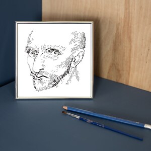 Vincent van Gogh Impresión en marco plateado, retrato tipográfico, blanco y negro, autorretrato basado en dibujo