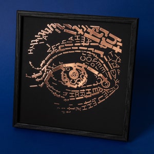 Charley Toorop Eye Copper Impresión negra en marco de madera negro, autorretrato tipográfico, impresión de papel de aluminio 3D metálico de cobre / oro rosa