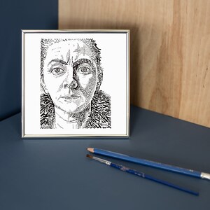 Charley Toorop Print in Silver Plated Frame, retrato tipográfico, Blanco y Negro, autorretrato