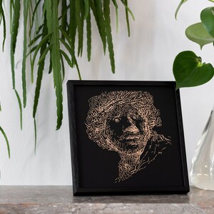 Rembrandt Cobre Negro Impresión en Marco de Madera Negro, tipo 2, autorretrato tipográfico, impresión de papel de aluminio 3D metálico cobre / oro rosa, tipografía