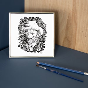 Vincent van Gogh Impresión en marco plateado, retrato tipográfico, blanco y negro, autorretrato con sombrero (1)