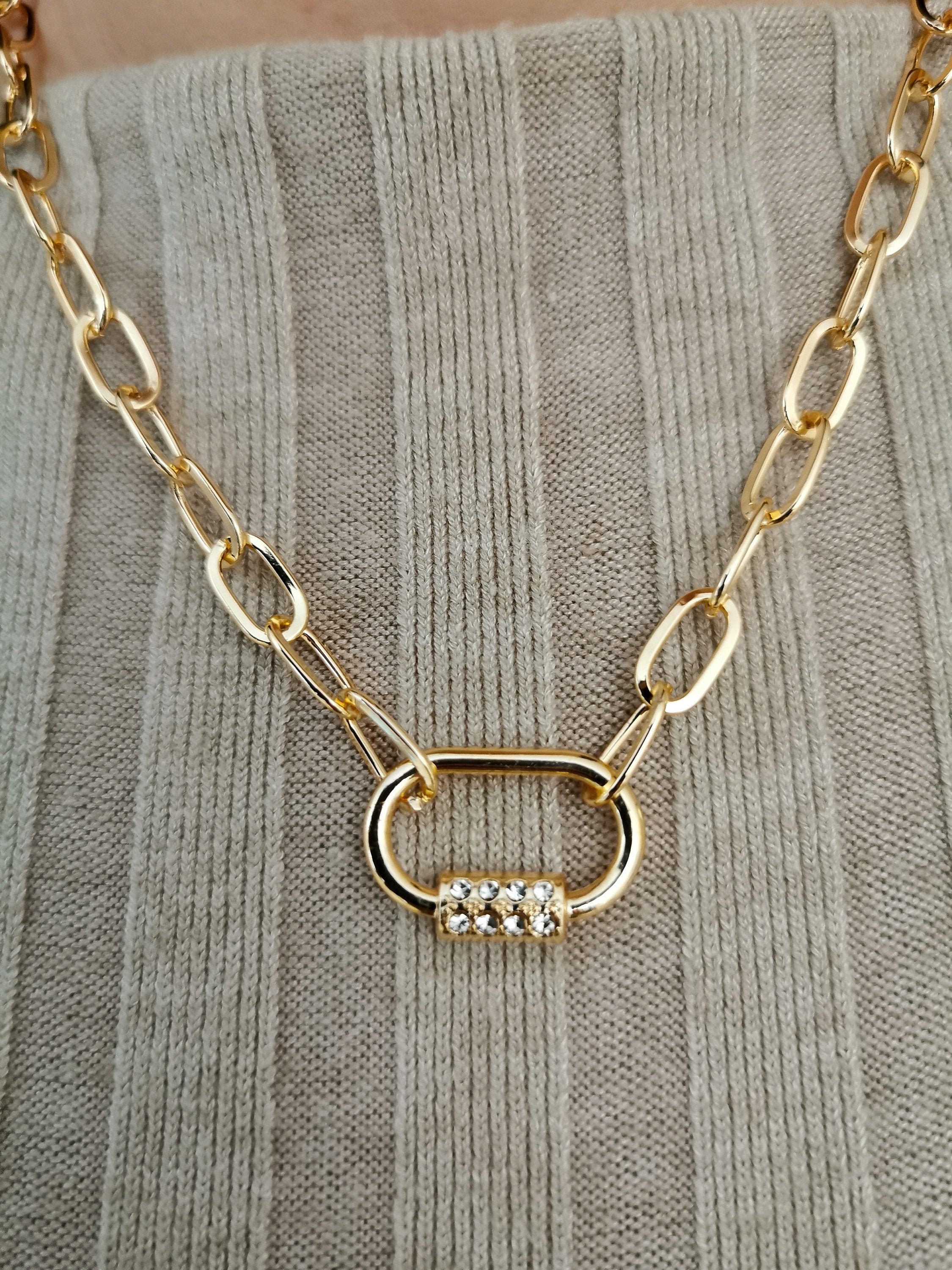 Gold Carabiner Necklace Gold Zircon Lock Necklace Paper Clip Etsy