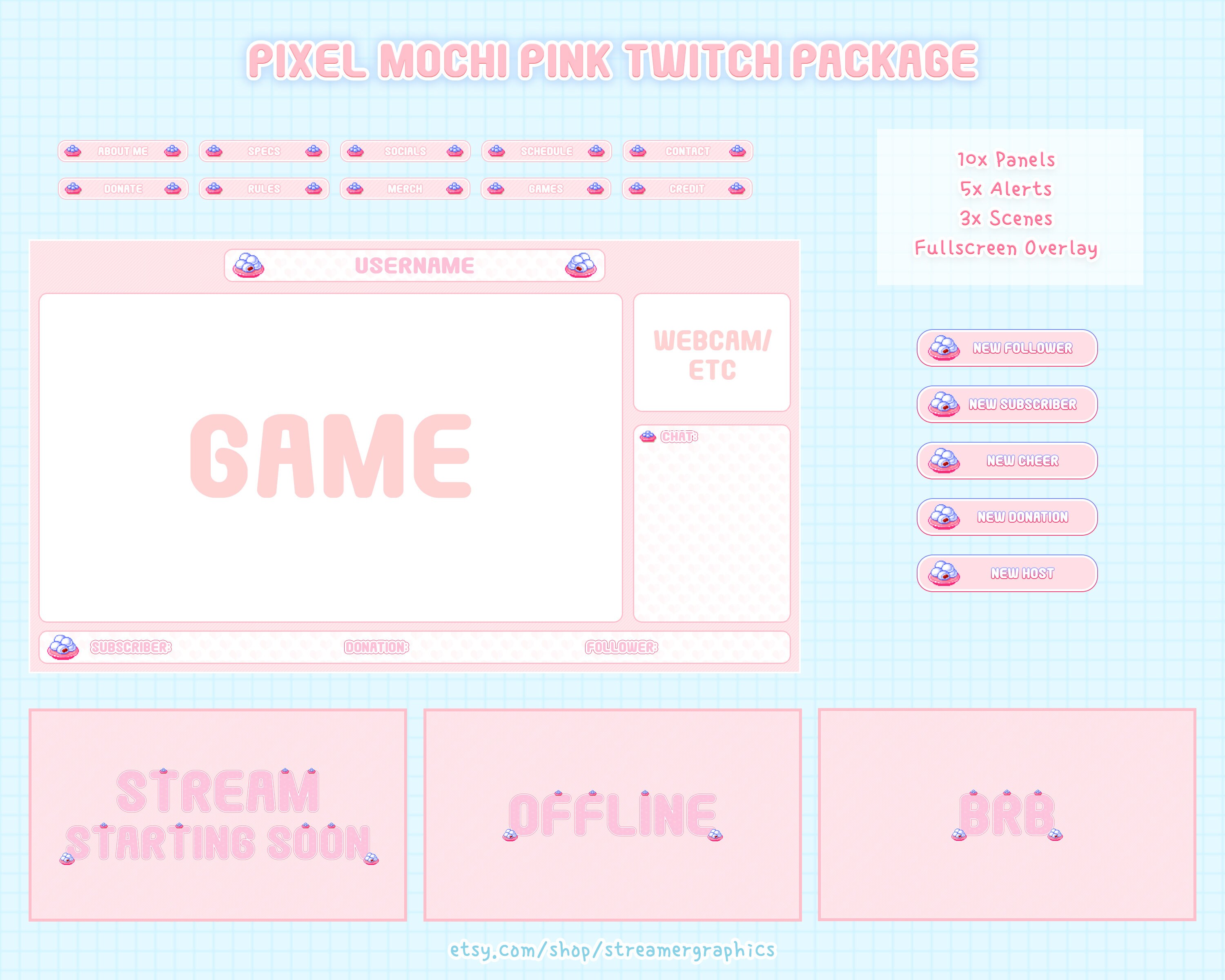 Pixel Mochi Pink Twitch Overlay Package Japanese Asian Food | Etsy