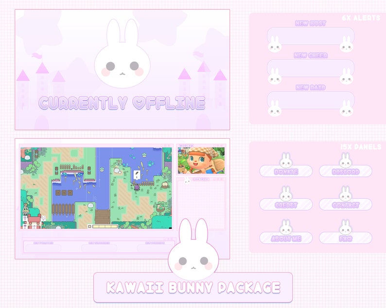 Banner Animated Streamer Graphics Cute Rabbit Overlay Scenes Panels Kawaii Bunny Twitch Package