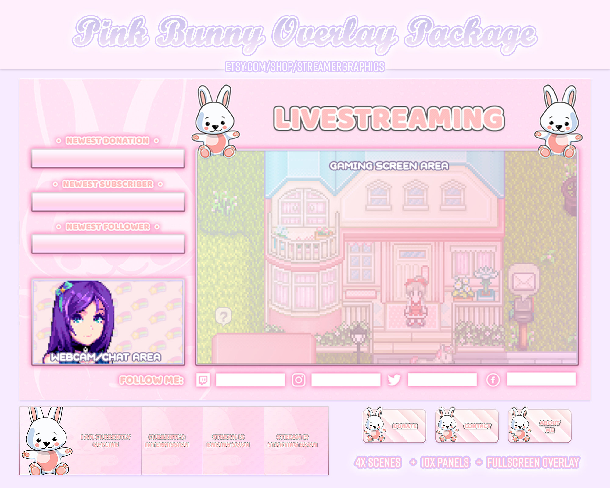 Banner Animated Streamer Graphics Cute Rabbit Overlay Scenes Panels Kawaii Bunny Twitch Package